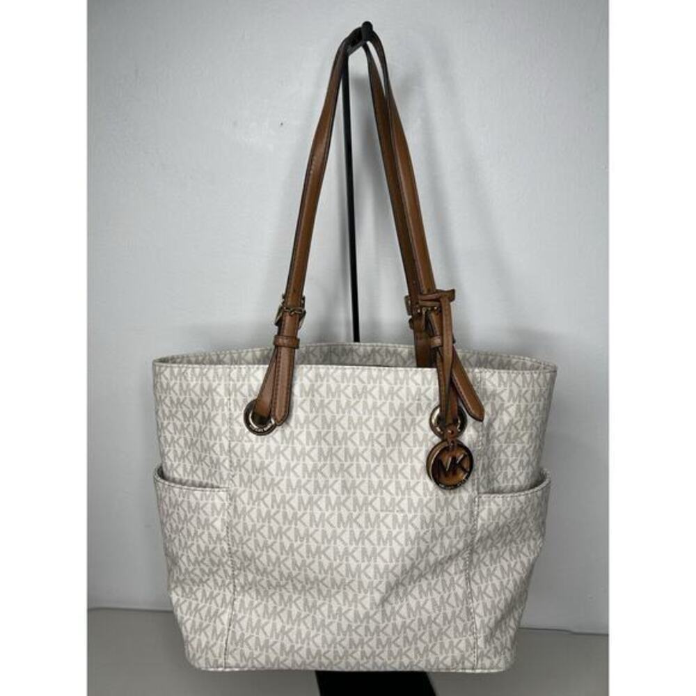 Michael Kors Jet Set Travel Logo Tote White Brown - Picture 1 of 16